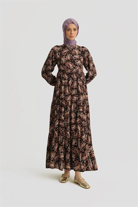 Armine Şal Desenli Elbise 25YT914 Siyah