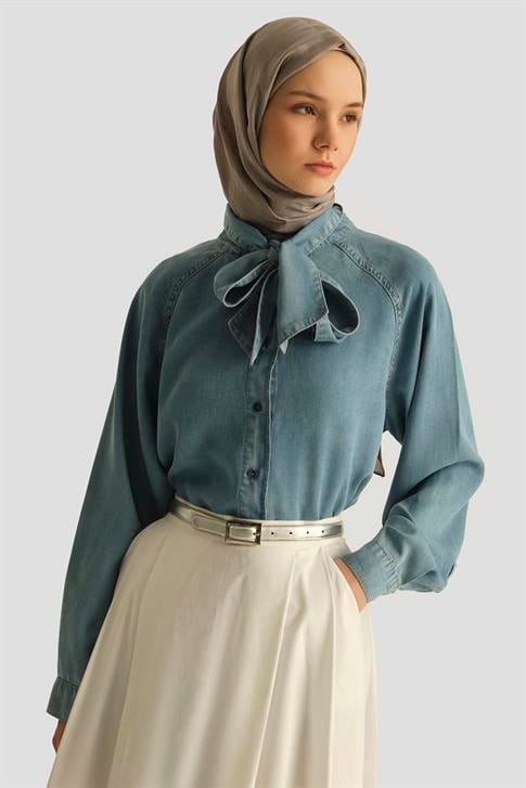 Armine Fular Detaylı Tencel Gömlek  25YD9144 İndigo