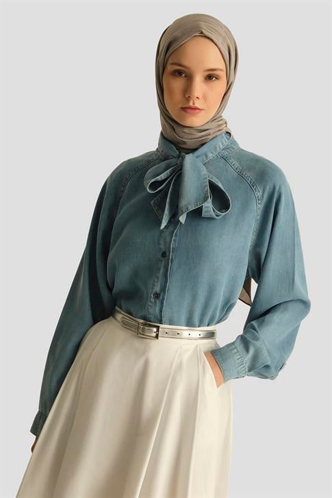 Armine Fular Detaylı Tencel Gömlek  25YD9144 İndigo