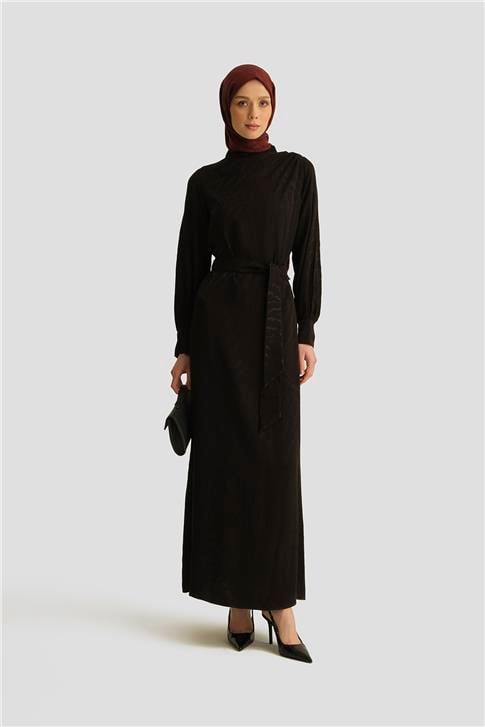 Armine Desenli Saten Elbise 25YT920 Siyah