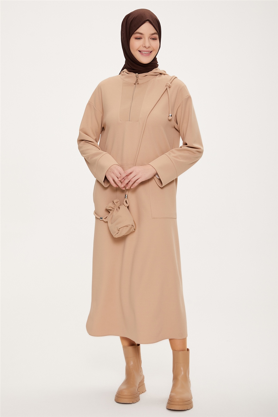 Armine Çanta Aksesuarlı Tunik Elbise 22K4201 Kum - ARMİNE | Hayatınıza Artı  Değer Katar!