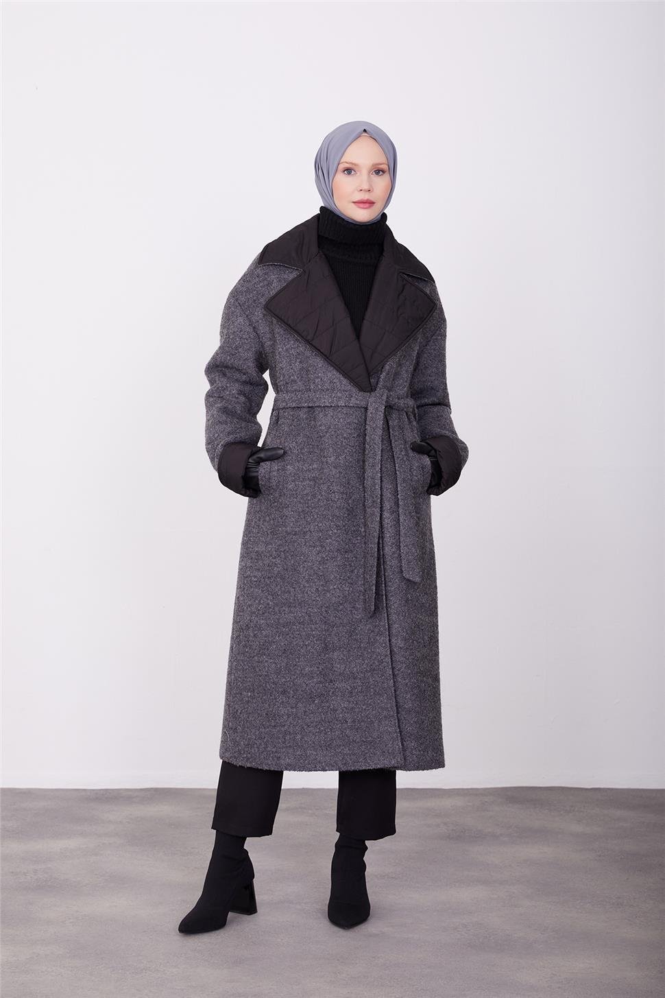 Armine Yakası Yağmurluk Garnili Kaban 23K7229 Antrasit | Armine