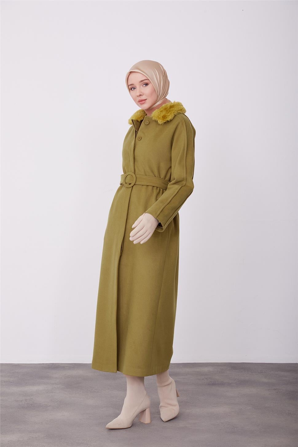 Armine Seyyar Kürklü Fit Manto 23K8603 Asit | Armine