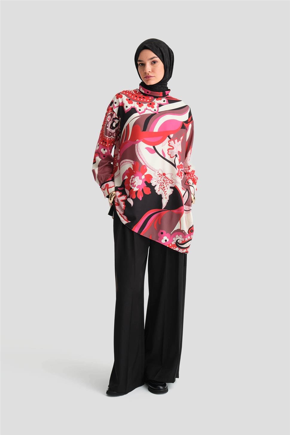 Armine Desenli Asimetrik Bluz 24K3623 Kırmızı | Armine