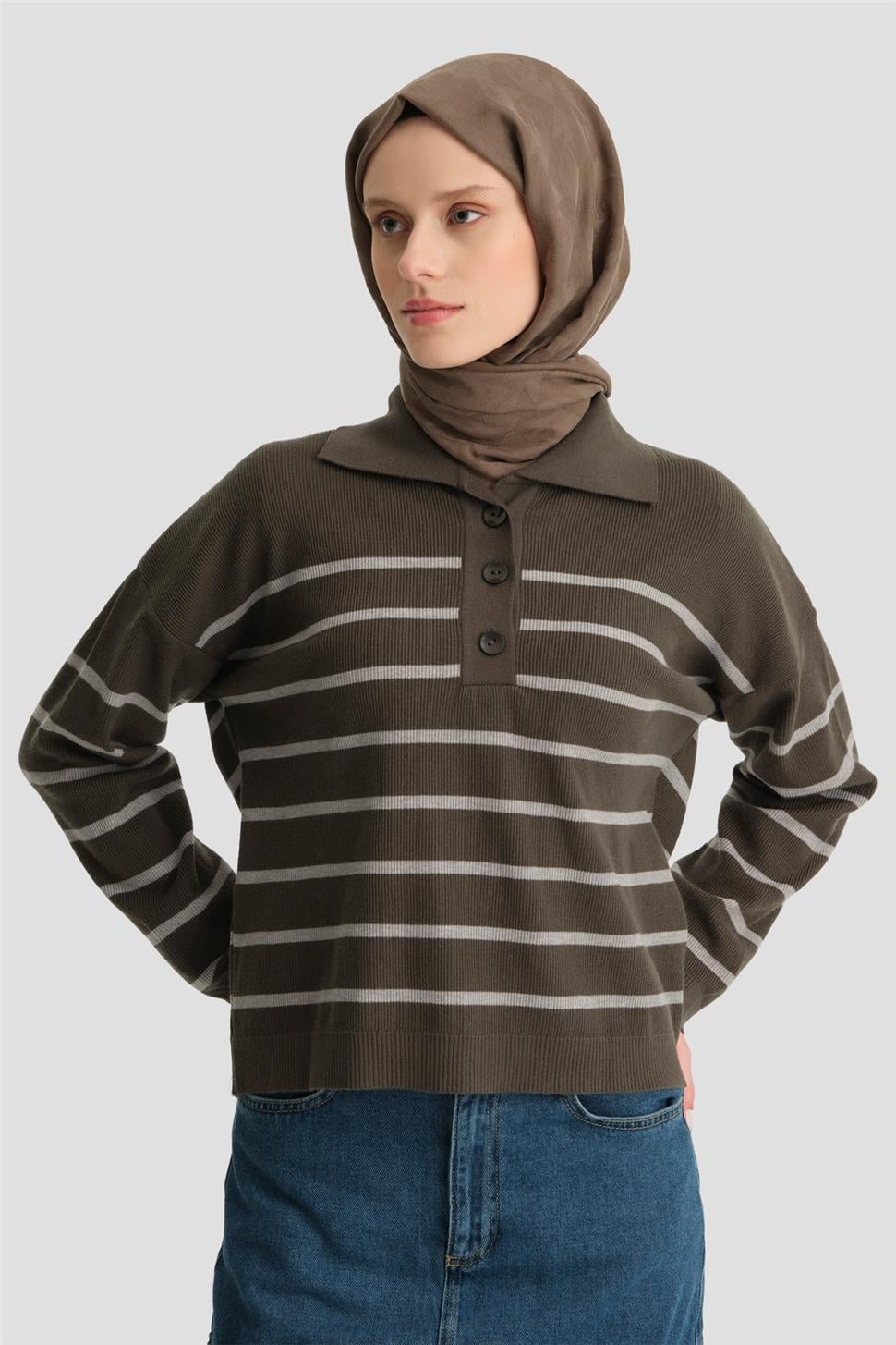 Armine Çizgili Triko Kazak 24KD4208 Haki | Armine