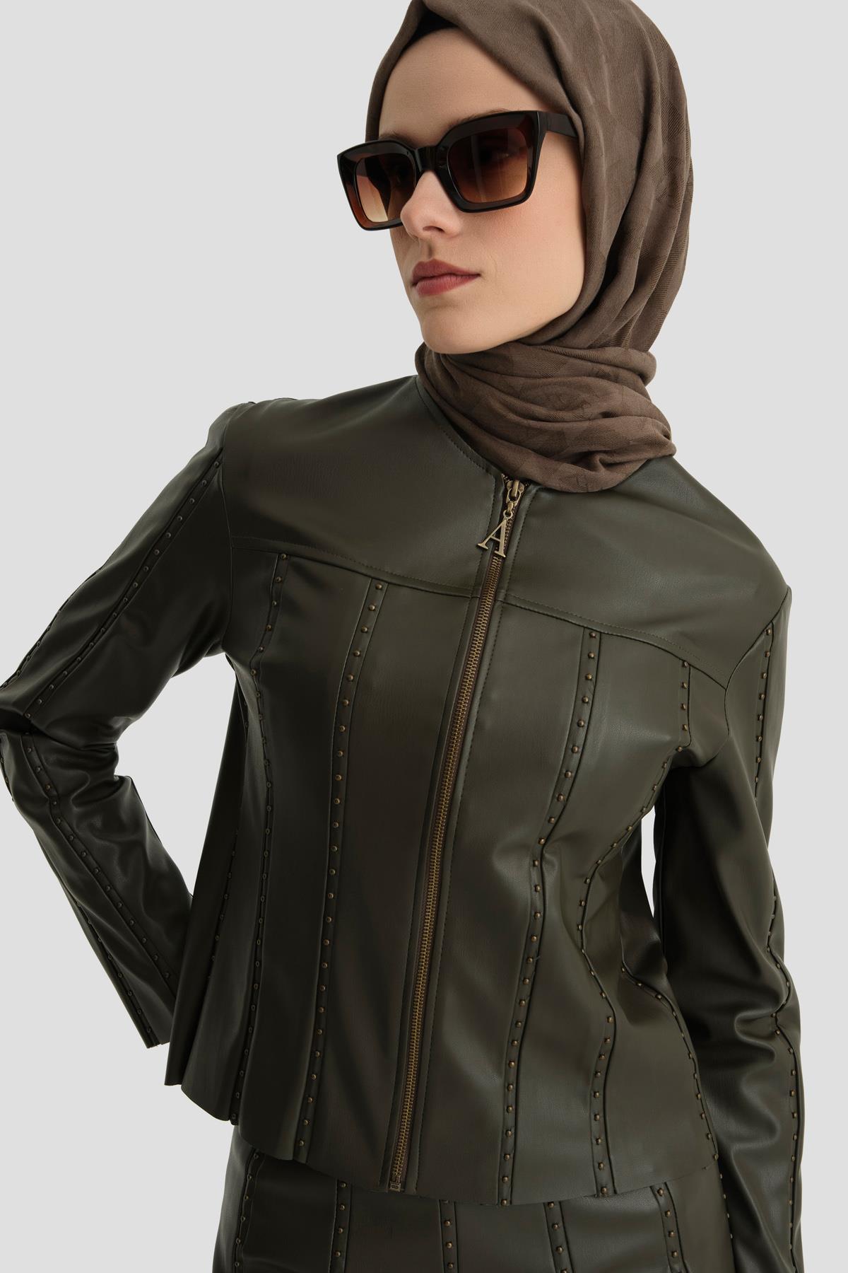 Armine Trok Biyeli Deri Ceket 24K5716 Haki | Armine