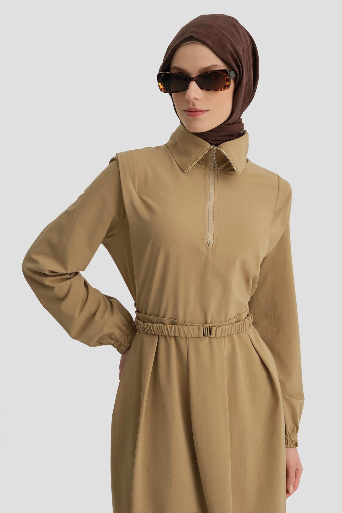 Armine Tokalı Ve Fermuarlı Spor Elbise 24K9910 Bej | Armine