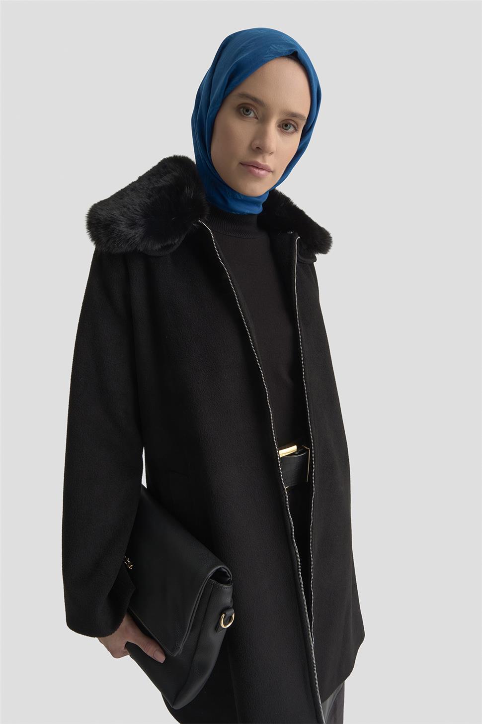 ひめ Armine Kürk Yakalı Kaban 25KD1707 Siyah Renk | Armine