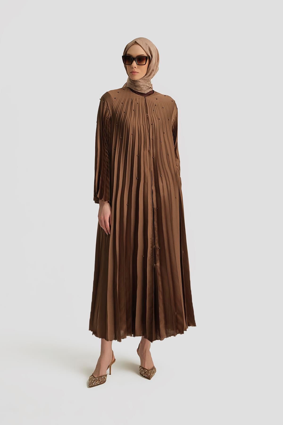 Armine Taş İşlemeli Piliseli Abaya 25Y8302 Açık Kahve | Armine