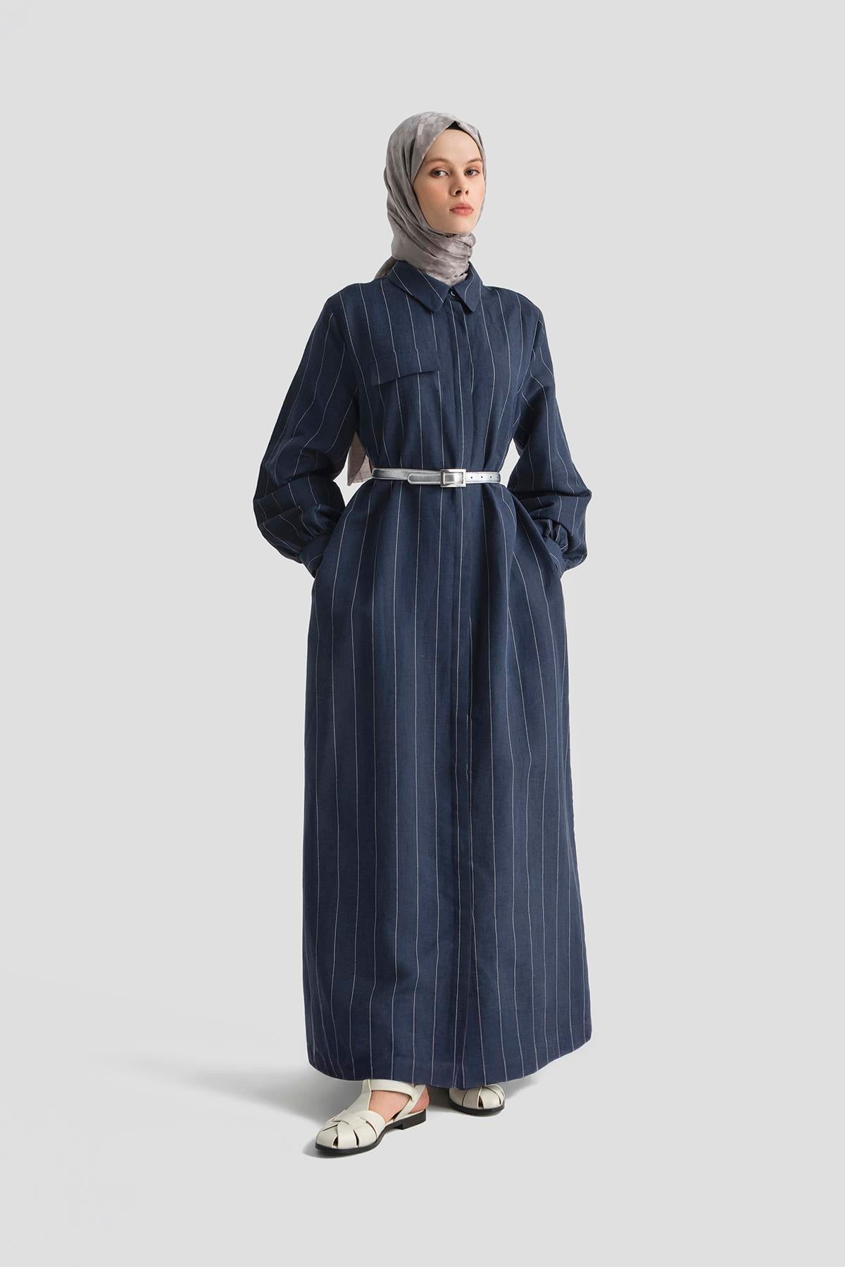 Armine Çizgili Keten Elbise 25Y9019 Lacivert | Armine