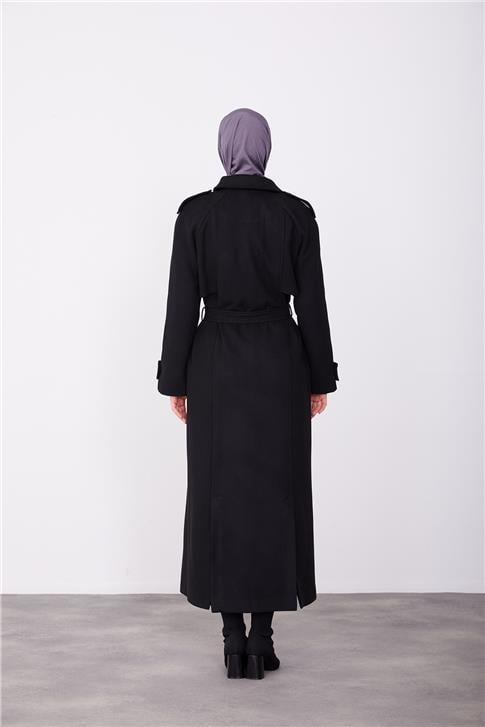 Armine Seyyar Apoletli Tam Kruvaze Manto 23K8613 Siyah | Armine