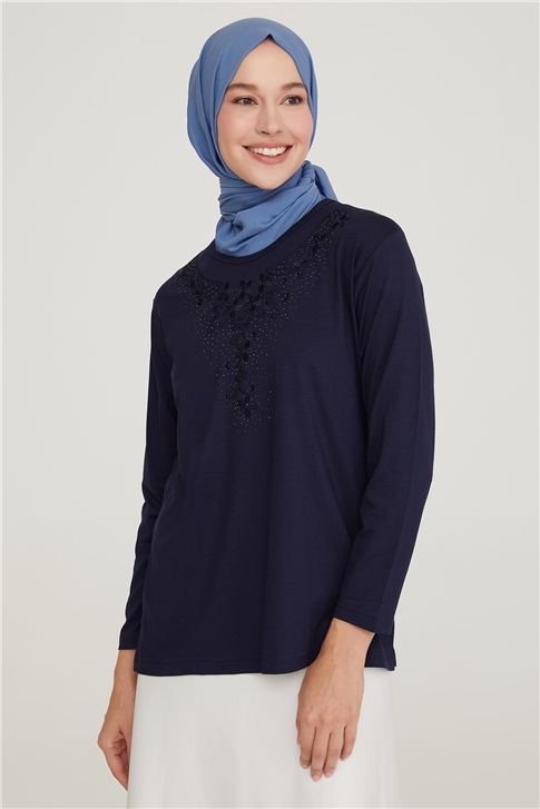 Armine Nakışlı Yaka Penye 21YD9028 Lacivert