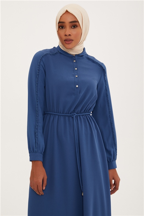 Armine Büzgü Şeritli Elbise 22K9500 İndigo