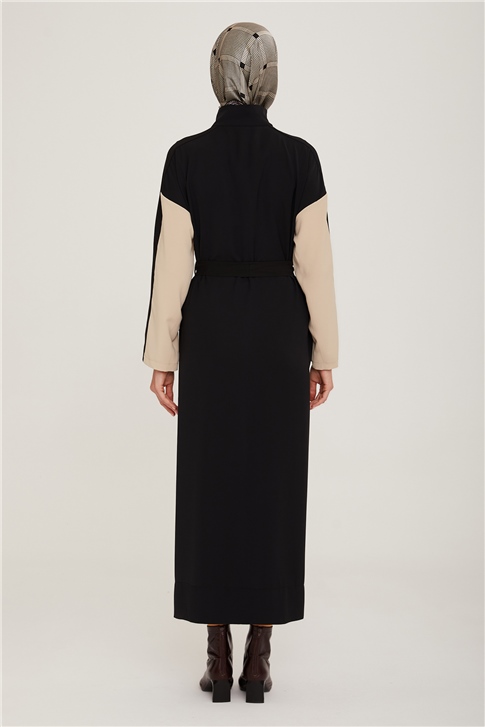 Armine Kemeri Biye Detaylı İki Renkli Elbise 22K9502 Siyah