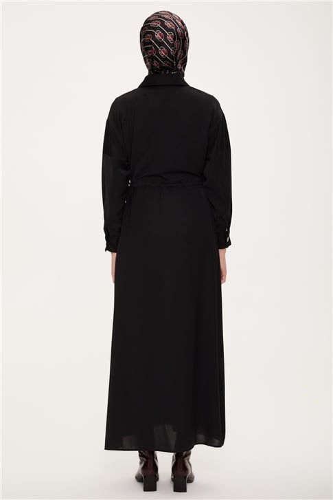 Armine Fİle Detaylı, Önü Fermuarlı Elbise 22K9503 Siyah