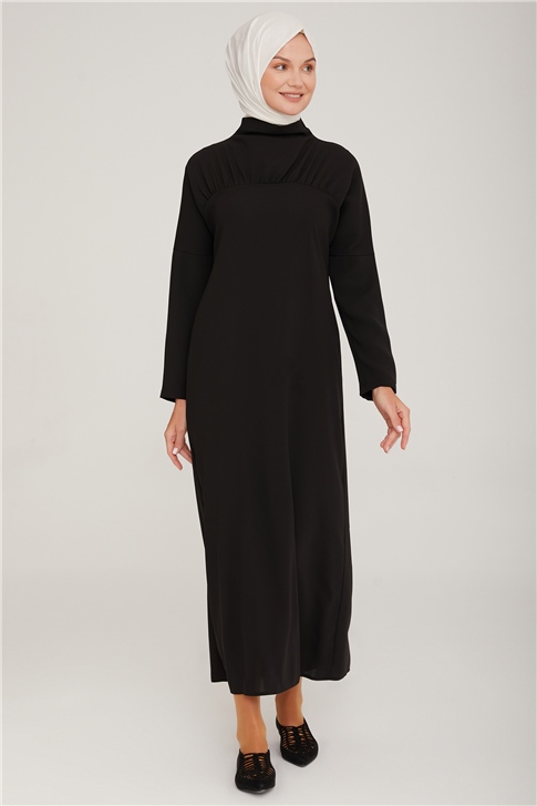 Armine Degaje Yakalı Büzgülü Elbise 22K9507 Siyah