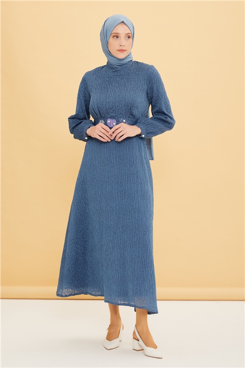 Armine İnci Detayları Olan Dalga Efekti Kumaş Özellikli Elbise 22Y9415 Mavi