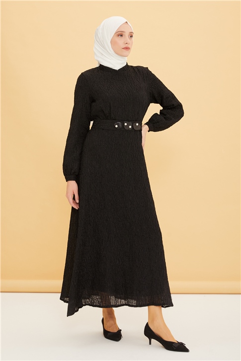 Armine İnci Detayları Olan Dalga Efekti Kumaş Özellikli Elbise 22Y9415 Siyah