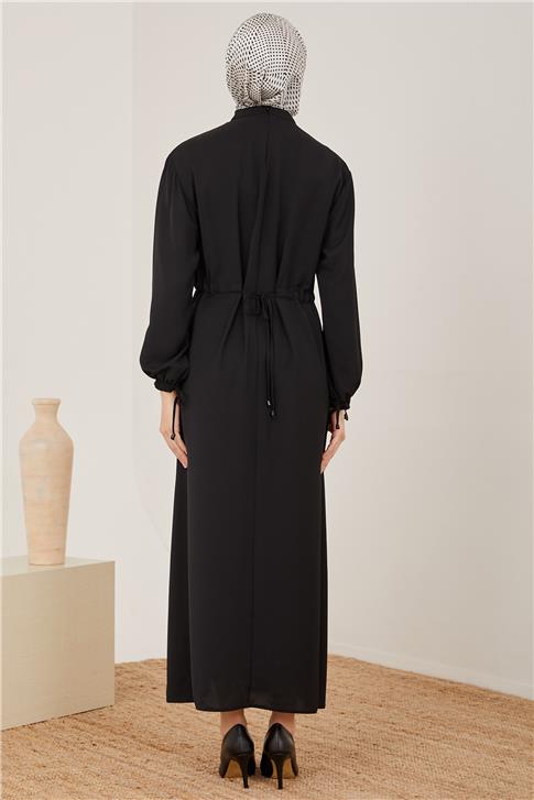 Armine Yakası Pileli Boncuk Detaylı Elbise 23Y9650 Siyah
