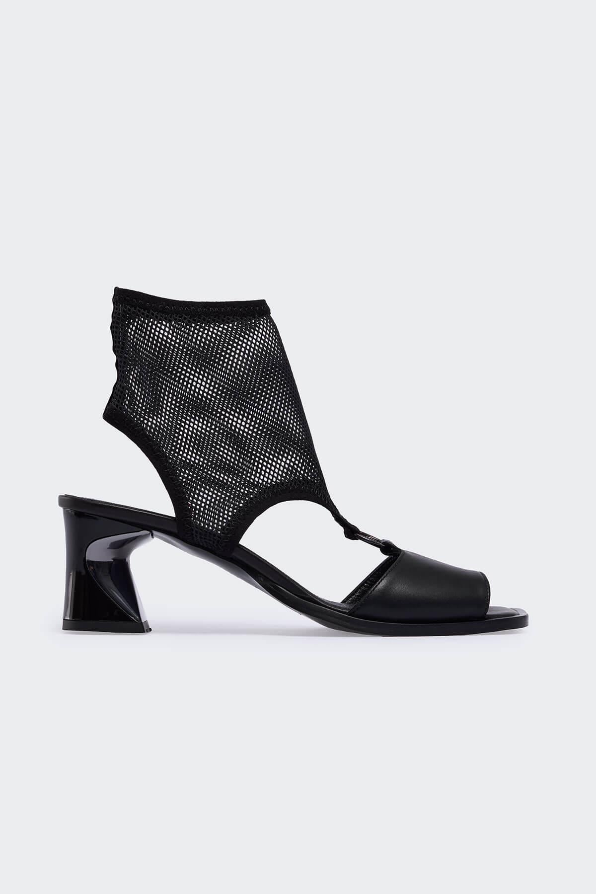 Favgi 1500 Siyah Deri Siyah File Kadın Topuklu Sandalet