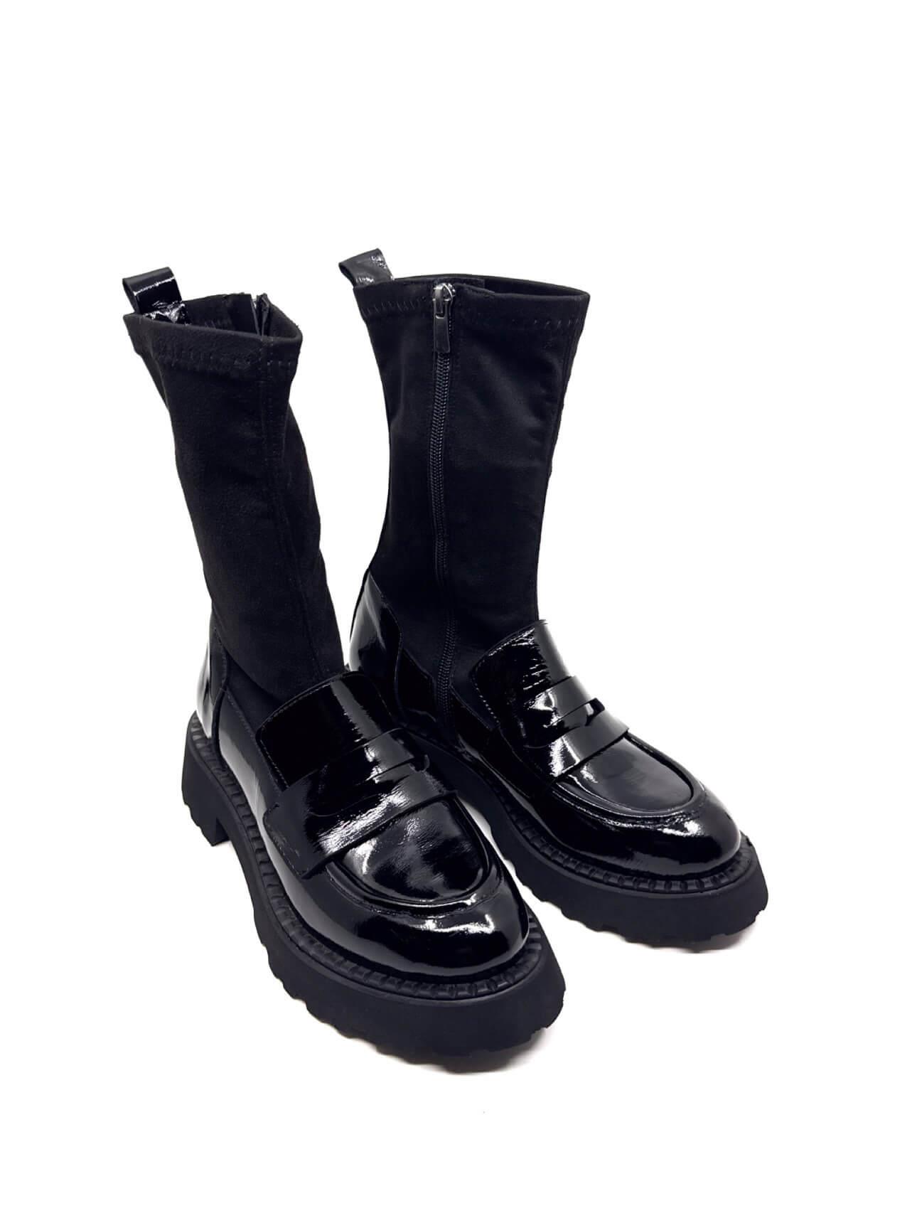 Irau Siyah Kırışık Rugan Siyah Süet Streç Kadın Bot