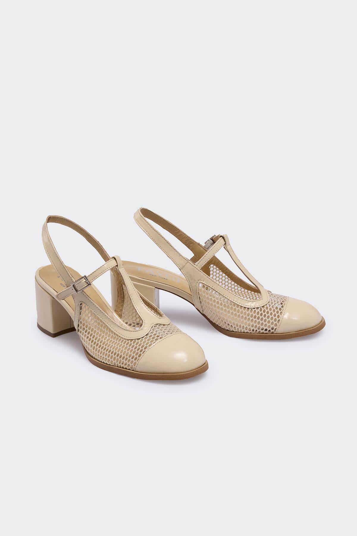 Jöerr Bej Kırışık Rugan Bej File Kadın Topuklu Ayakkabı
