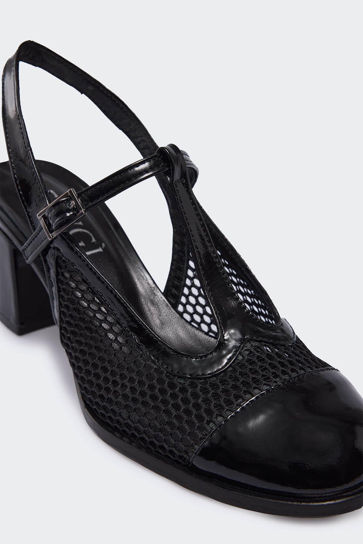 Jöerr Siyah Kırışık Rugan Siyah File Kadın Topuklu Ayakkabı