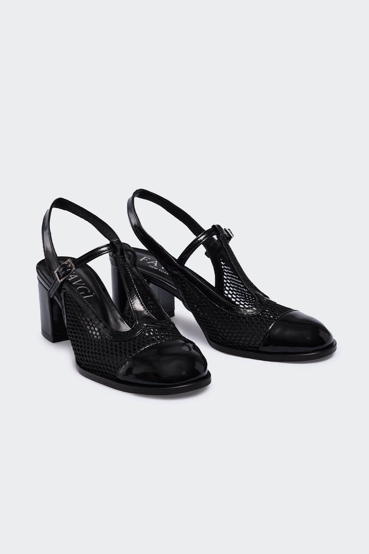 Jöerr Siyah Kırışık Rugan Siyah File Kadın Topuklu Ayakkabı