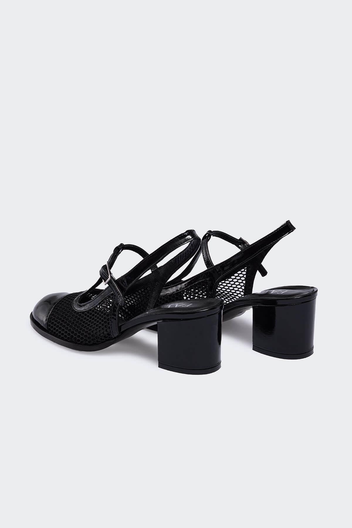 Jöerr Siyah Kırışık Rugan Siyah File Kadın Topuklu Ayakkabı