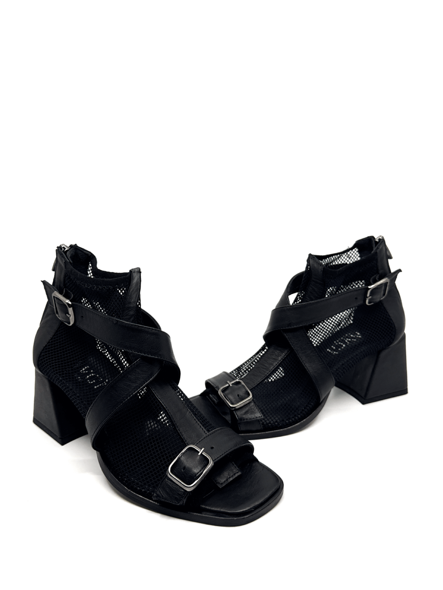 Leios Siyah Deri Siyah File Kadın Topuklu Sandalet