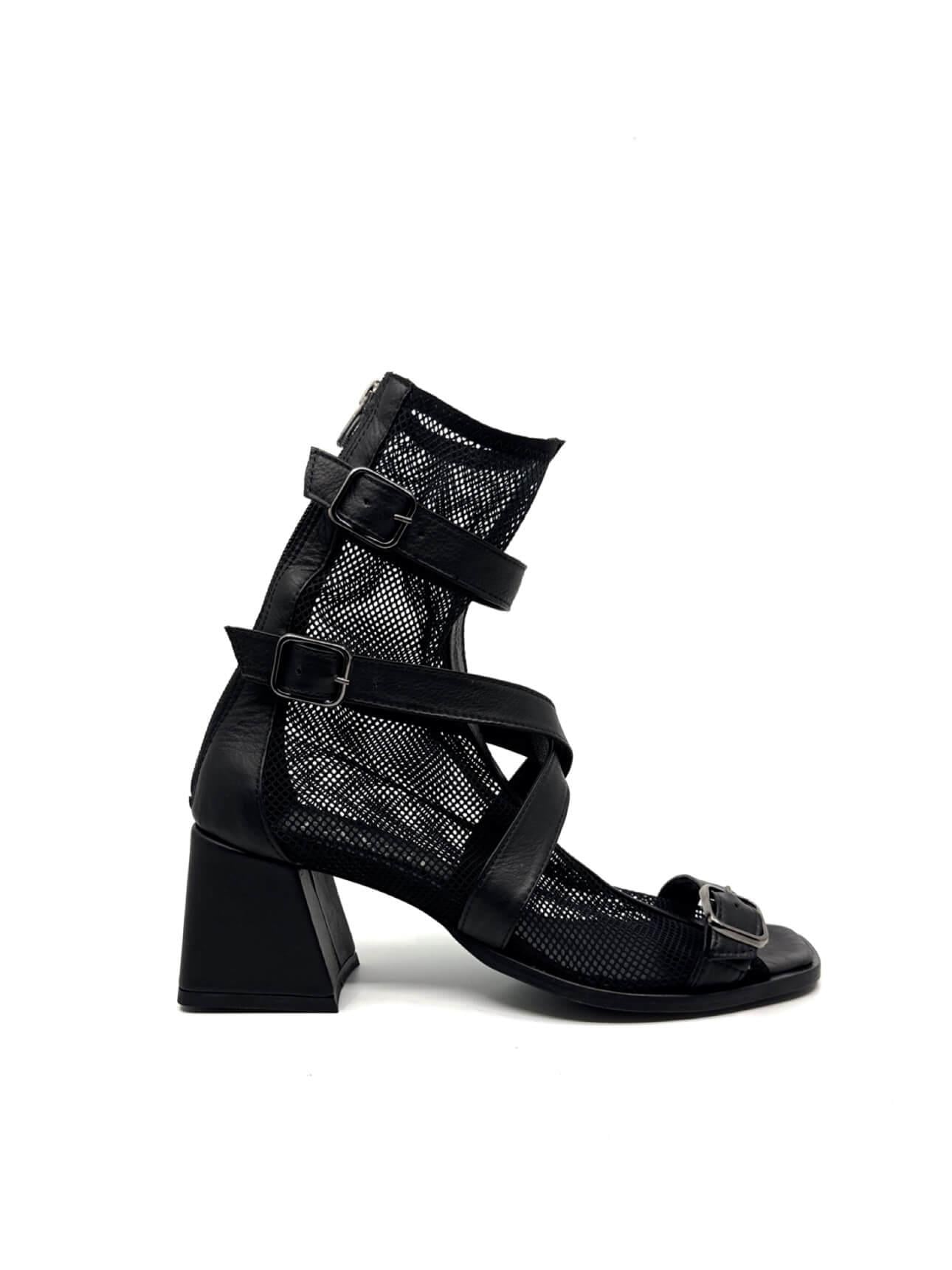 Leioss Siyah Deri Siyah File Kadın Topuklu Sandalet