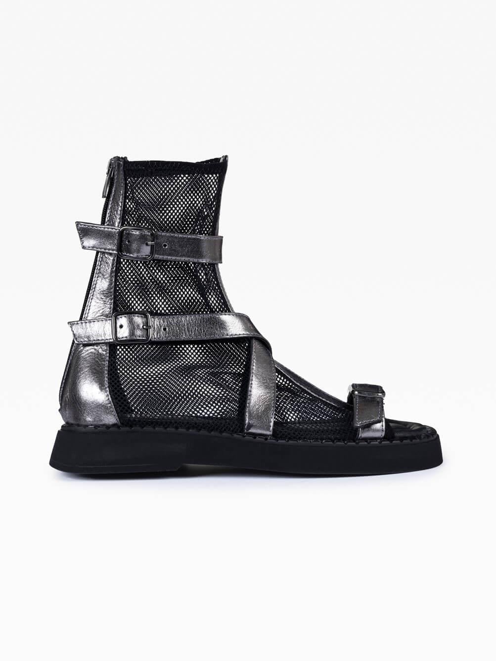 Raffia Lame Deri Siyah File Kadın Sandalet