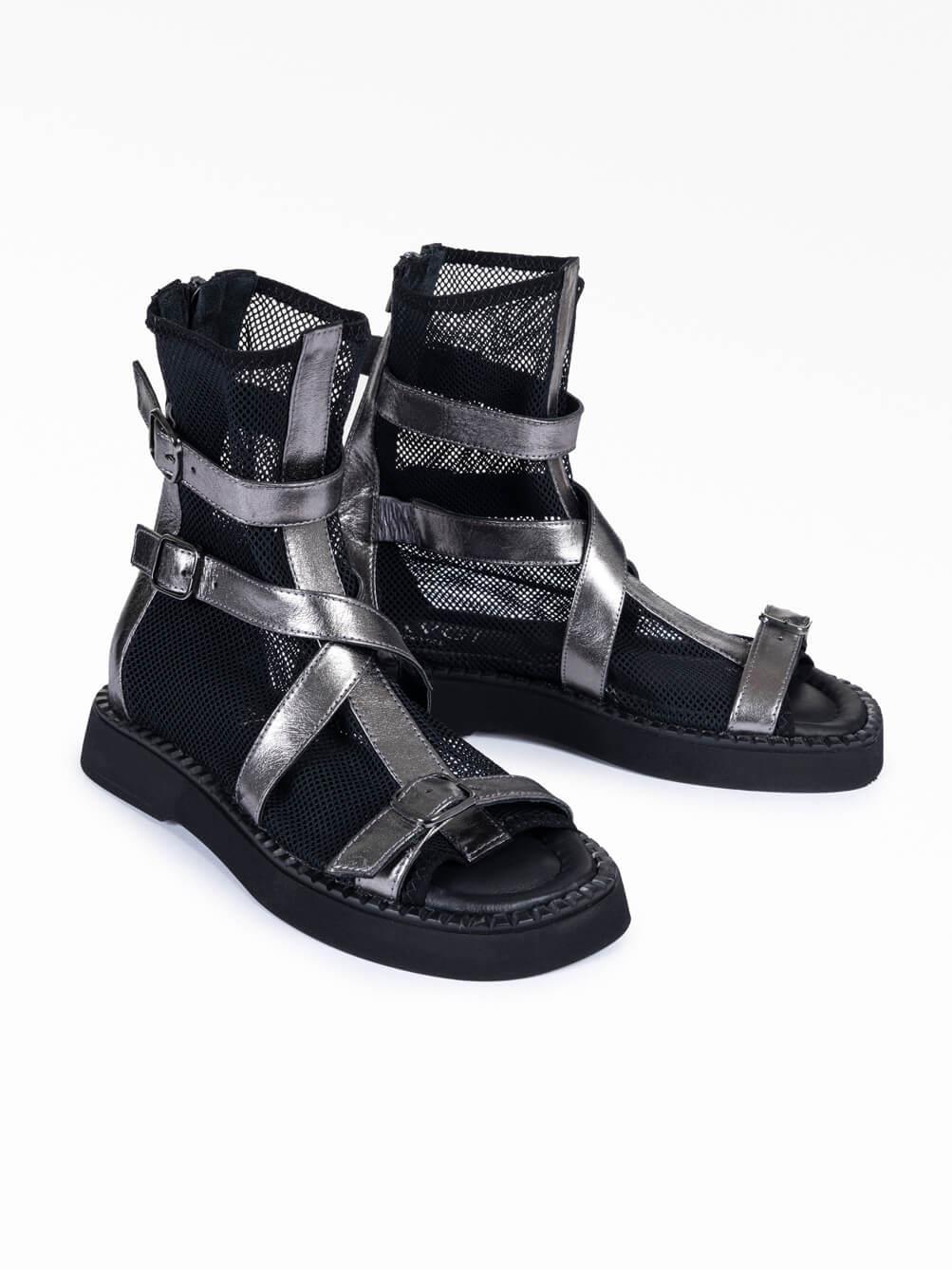 Raffia Lame Deri Siyah File Kadın Sandalet