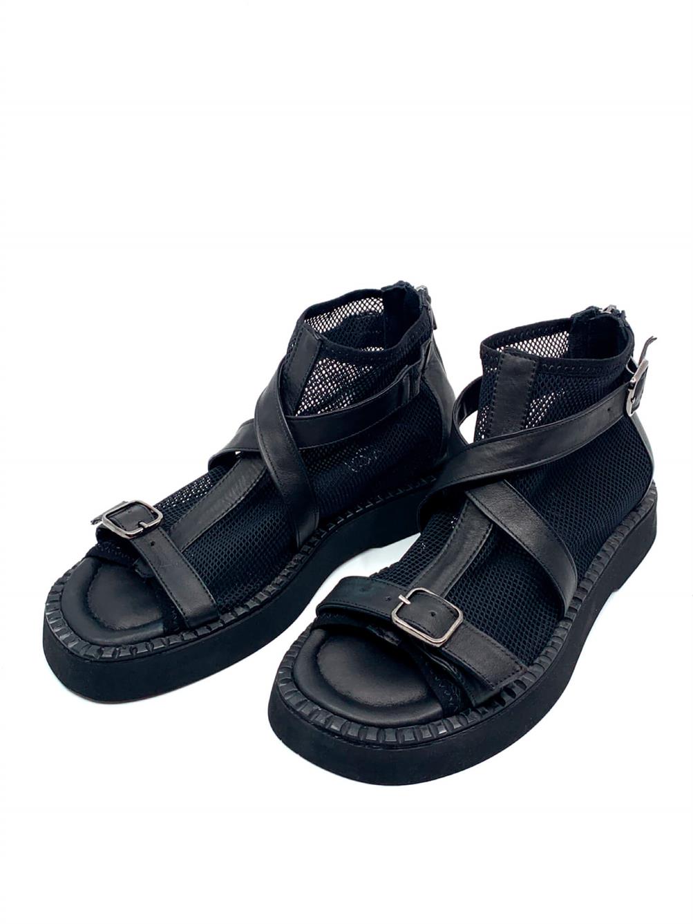 Karen Siyah Deri Siyah File Kadın Sandalet