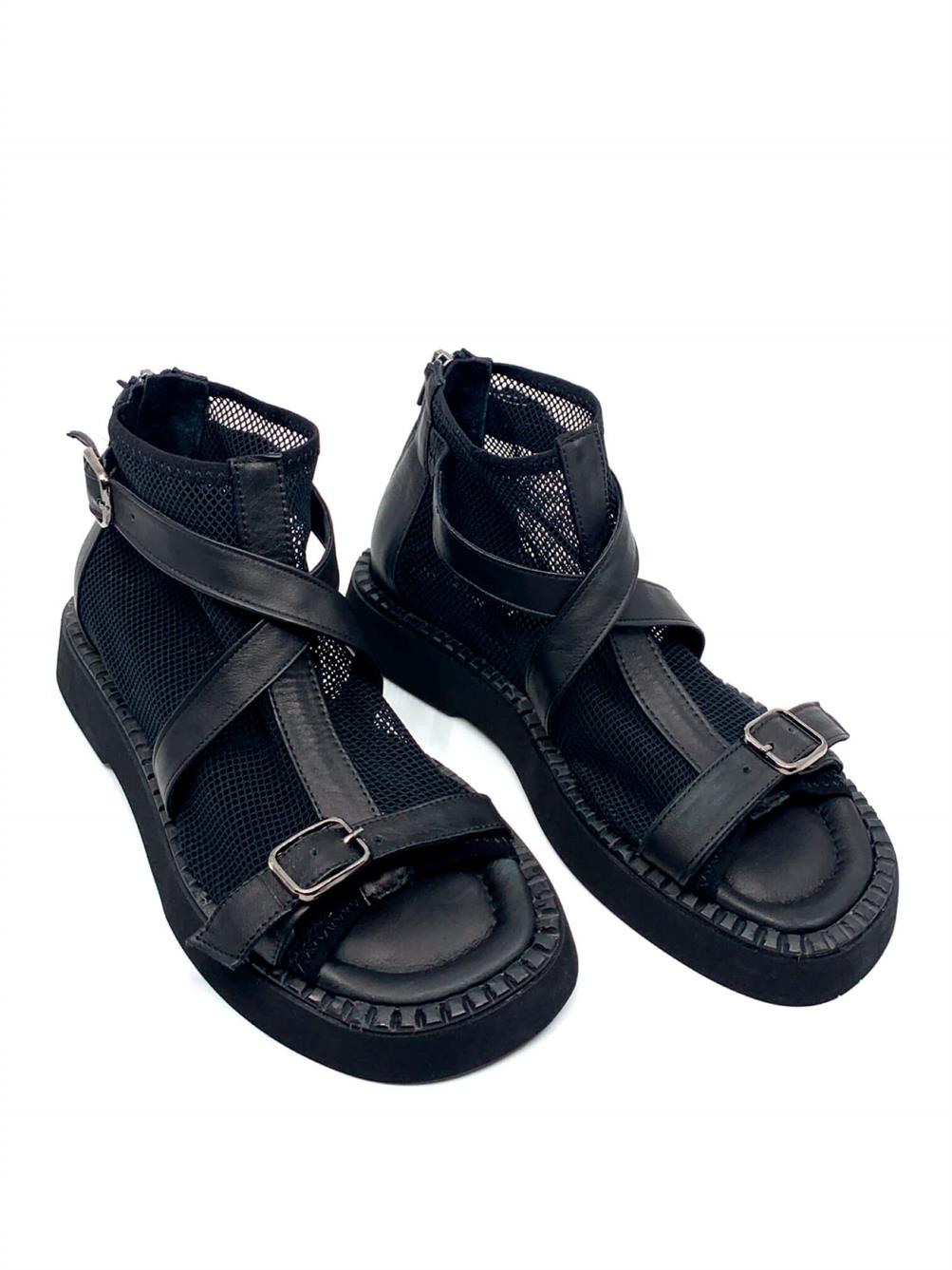 Karen Siyah Deri Siyah File Kadın Sandalet