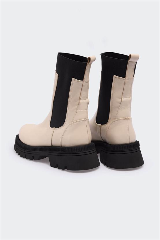 150 Bej Deri Siyah Lastik Kadın Bot