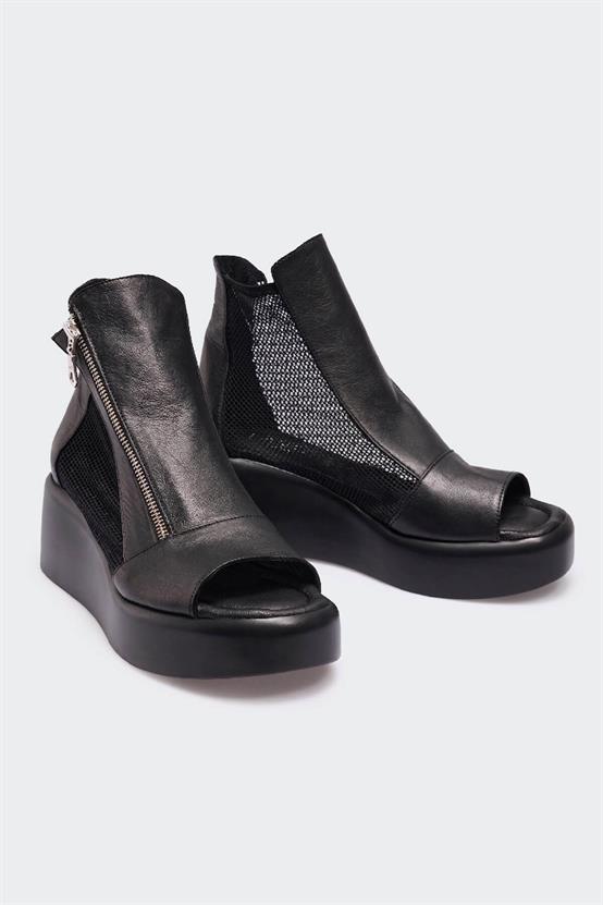 507 Siyah Deri Siyah File Kadın Sandalet