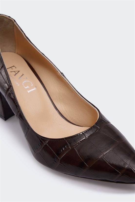 Abeire Kahve Kroko Deri Kadın Topuklu Ayakkabı