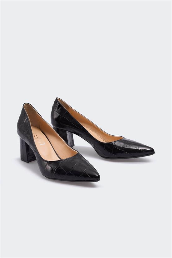 Abeire Siyah Kroko Deri Kadın Topuklu Ayakkabı