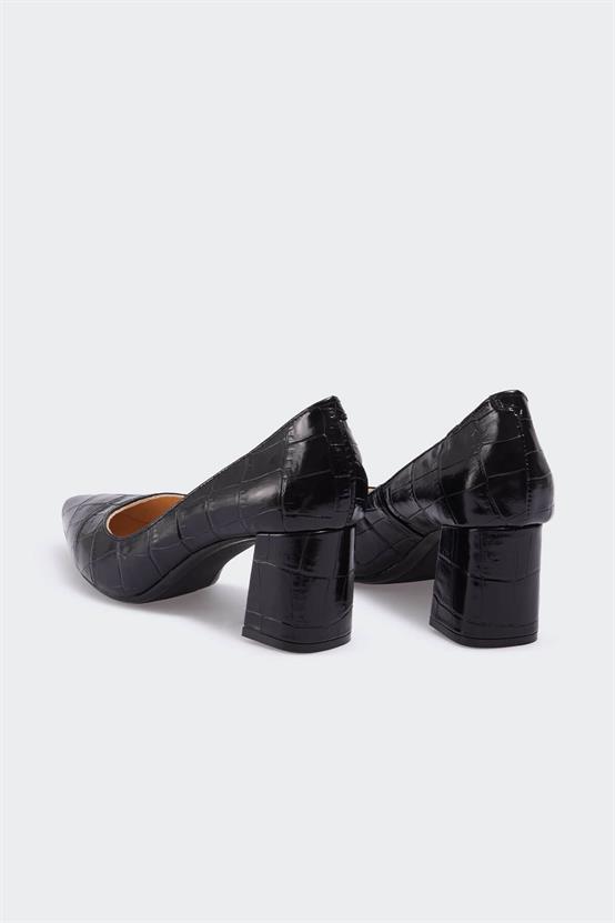 Abeire Siyah Kroko Deri Kadın Topuklu Ayakkabı