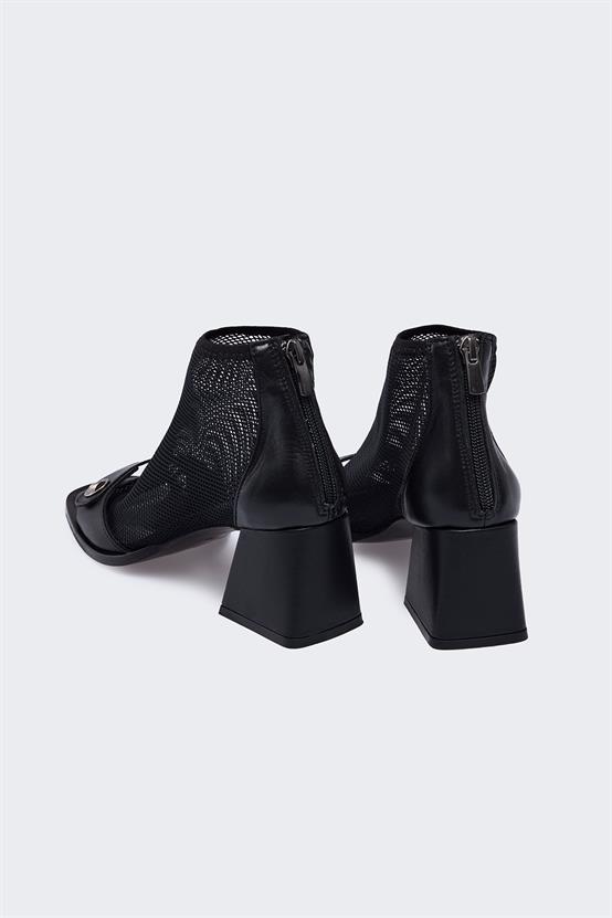 Abril Siyah Deri Siyah File Kadın Topuklu Sandalet