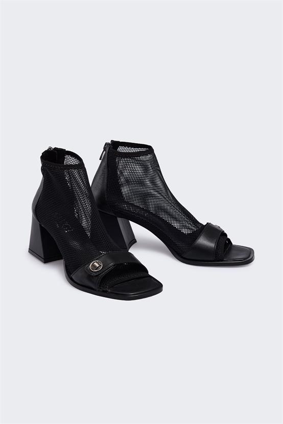 Abril Siyah Deri Siyah File Kadın Topuklu Sandalet