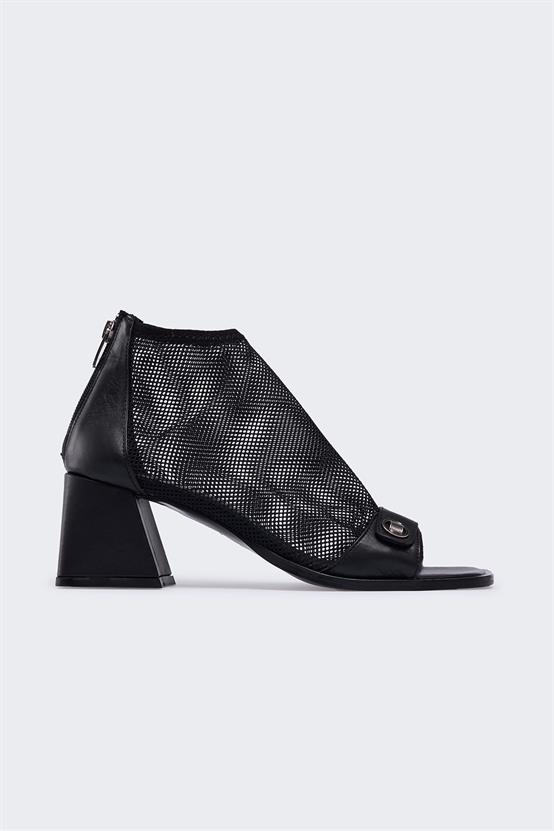 Abril Siyah Deri Siyah File Kadın Topuklu Sandalet