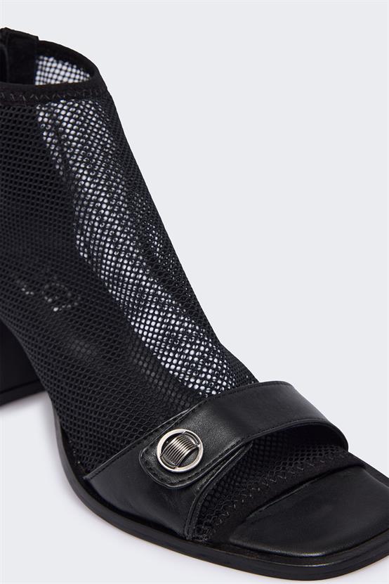 Abril Siyah Deri Siyah File Kadın Topuklu Sandalet