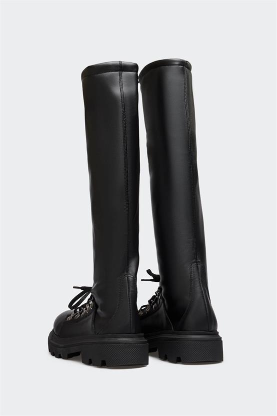 Ala Siyah Deri Siyah Streç Kadın Çizme