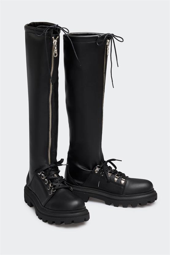 Ala Siyah Deri Siyah Streç Kadın Çizme