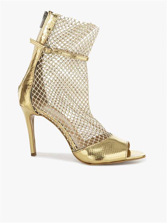 Alix Gold Deri Kristal Taşlı File Kadın Topuklu Ayakkabı