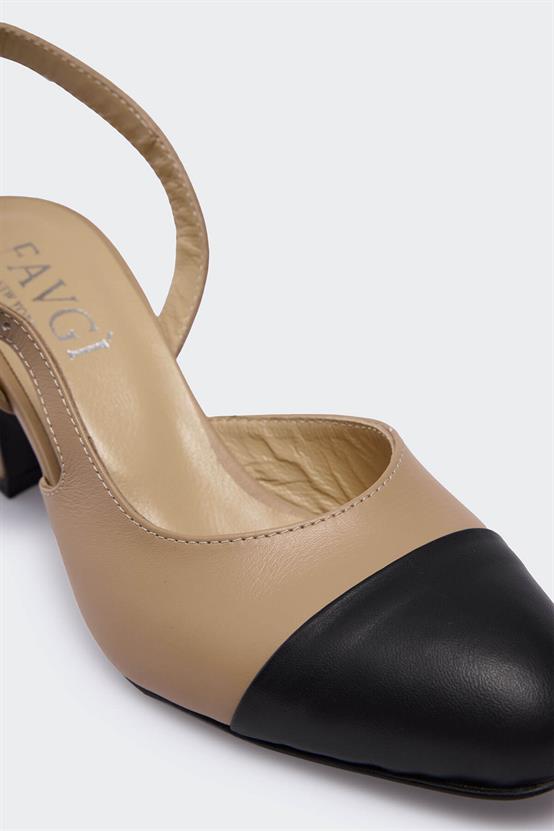 Belau Siyah Deri Soft Kahve Deri Kadın Topuklu Ayakkabı