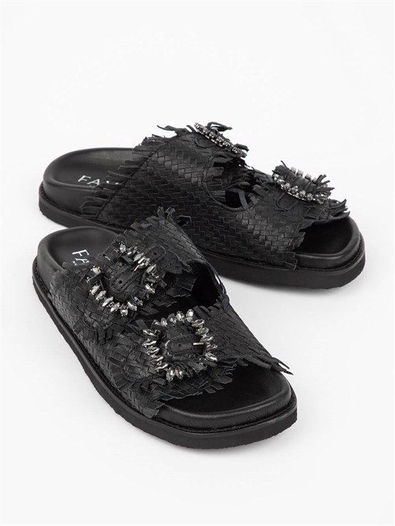 Bella Siyah Deri Örgü Kadın Terlik