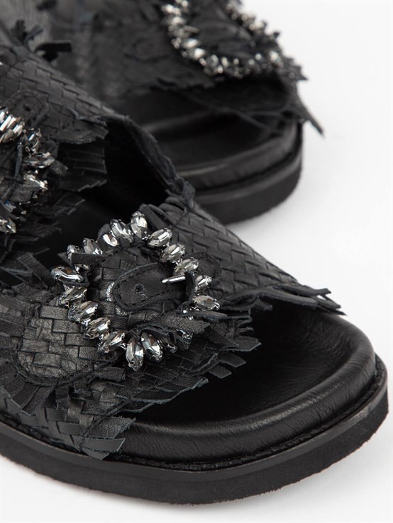 Bella Siyah Deri Örgü Kadın Terlik